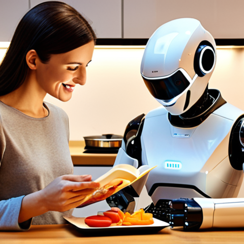 A modern, bright kitchen with a sleek cooking robot preparing a healthy meal. A working mother smiles as she reads a book to her child, both relaxed and enjoying their free time thanks to the robot. Soft, warm lighting.