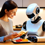 A modern, bright kitchen with a sleek cooking robot preparing a healthy meal. A working mother smiles as she reads a book to her child, both relaxed and enjoying their free time thanks to the robot. Soft, warm lighting.