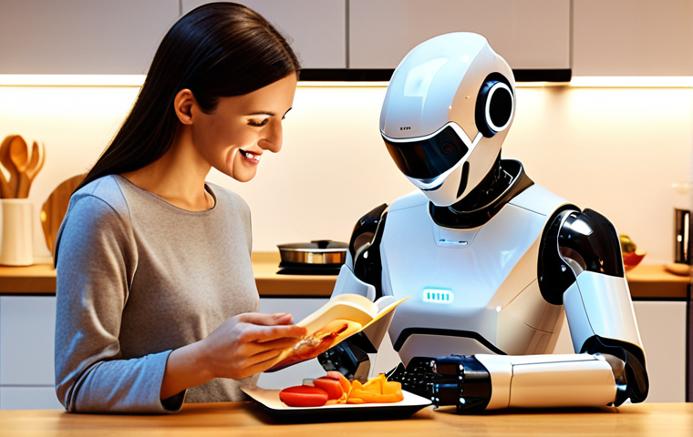 A modern, bright kitchen with a sleek cooking robot preparing a healthy meal. A working mother smiles as she reads a book to her child, both relaxed and enjoying their free time thanks to the robot. Soft, warm lighting.
