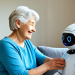 A kind elderly woman with a gentle smile, dressed in modest, comfortable home attire, is softly petting a cute, therapeutic companion robot designed to resemble a friendly pet. They are in a warmly lit, clean living room with soft natural light, conveying a sense of peace and companionship. The robot is small and designed to offer emotional support, emphasizing comfort and a positive, serene interaction. safe for work, appropriate content, fully clothed, family-friendly, perfect anatomy, correct proportions, natural pose, well-formed hands, proper finger count, natural body proportions, professional photography, high quality.