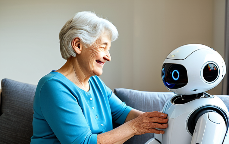 A kind elderly woman with a gentle smile, dressed in modest, comfortable home attire, is softly petting a cute, therapeutic companion robot designed to resemble a friendly pet. They are in a warmly lit, clean living room with soft natural light, conveying a sense of peace and companionship. The robot is small and designed to offer emotional support, emphasizing comfort and a positive, serene interaction. safe for work, appropriate content, fully clothed, family-friendly, perfect anatomy, correct proportions, natural pose, well-formed hands, proper finger count, natural body proportions, professional photography, high quality.