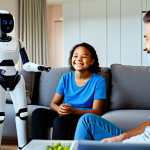 A diverse family, including parents and a child, in a cozy and brightly lit modern living room, casually interacting with a sleek, compact home assistant robot. The robot is on a low table, emitting a gentle glow. The family members are fully clothed in comfortable, modest home attire, engaged in relaxed conversation. The background subtly suggests digital connectivity with soft, abstract lines or light. safe for work, appropriate content, fully clothed, family-friendly, perfect anatomy, correct proportions, natural pose, well-formed hands, proper finger count, natural body proportions, professional photography, high quality.