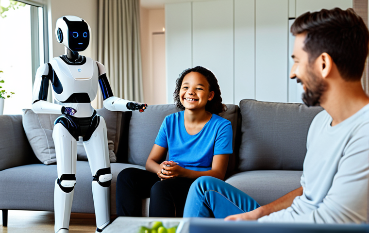 A diverse family, including parents and a child, in a cozy and brightly lit modern living room, casually interacting with a sleek, compact home assistant robot. The robot is on a low table, emitting a gentle glow. The family members are fully clothed in comfortable, modest home attire, engaged in relaxed conversation. The background subtly suggests digital connectivity with soft, abstract lines or light. safe for work, appropriate content, fully clothed, family-friendly, perfect anatomy, correct proportions, natural pose, well-formed hands, proper finger count, natural body proportions, professional photography, high quality.