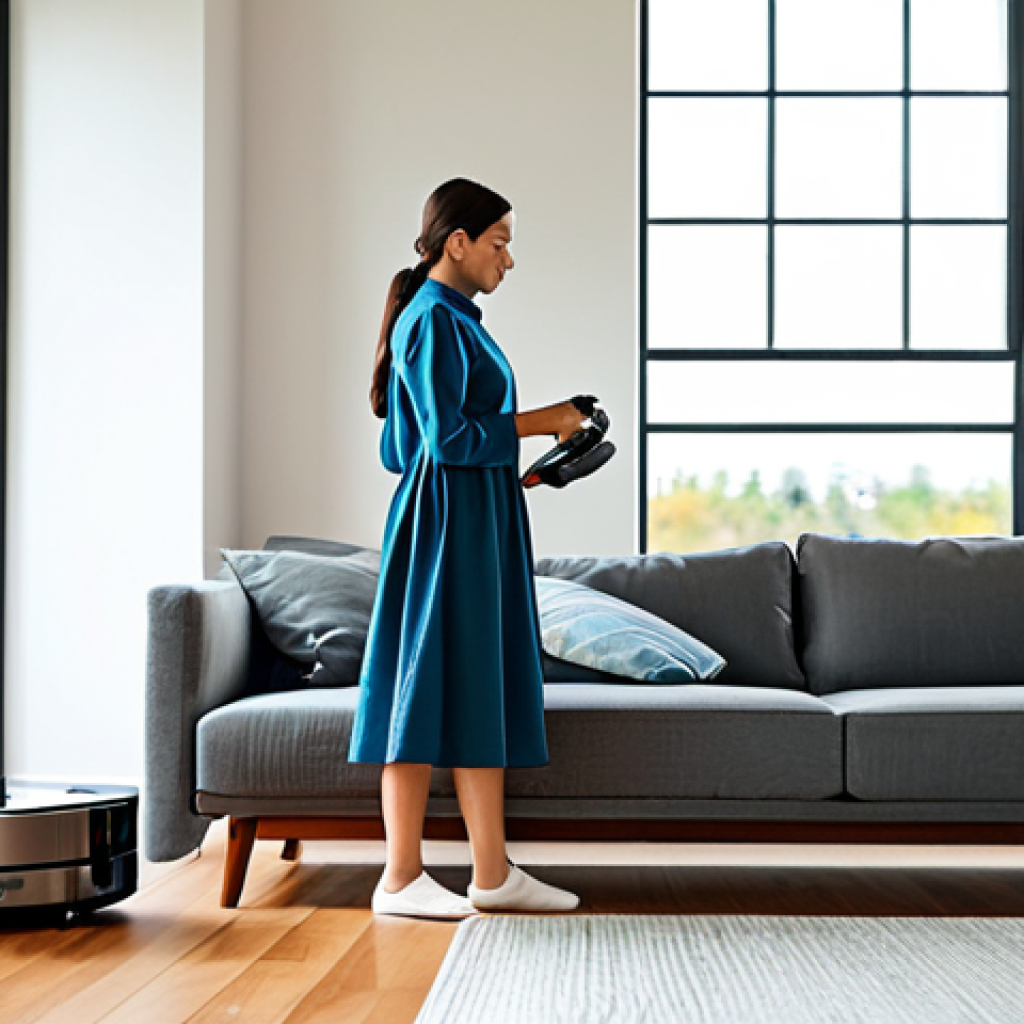 A serene woman in modest, comfortable loungewear, relaxing on a plush sofa in a beautifully tidy, sunlit modern living room. A sleek robot vacuum gently glides across the polished wooden floor in the background, subtly performing its task. The room exhibits perfect organization and cleanliness, with soft natural light streaming through large windows, conveying a deep sense of peace and time regained from household chores. fully clothed, modest clothing, appropriate attire, professional dress, perfect anatomy, correct proportions, natural pose, well-formed hands, proper finger count, natural body proportions, safe for work, appropriate content, family-friendly, professional photography, high resolution, tranquil atmosphere.
