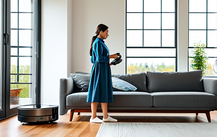 A serene woman in modest, comfortable loungewear, relaxing on a plush sofa in a beautifully tidy, sunlit modern living room. A sleek robot vacuum gently glides across the polished wooden floor in the background, subtly performing its task. The room exhibits perfect organization and cleanliness, with soft natural light streaming through large windows, conveying a deep sense of peace and time regained from household chores. fully clothed, modest clothing, appropriate attire, professional dress, perfect anatomy, correct proportions, natural pose, well-formed hands, proper finger count, natural body proportions, safe for work, appropriate content, family-friendly, professional photography, high resolution, tranquil atmosphere.