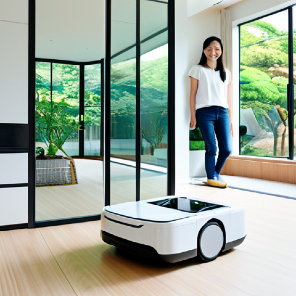 로봇 공학과 가정의 삶의 질 향상 - Smart Home & Cleaning Robot**
"A modern, bright living room in a Japanese home. A fully clothed wom...