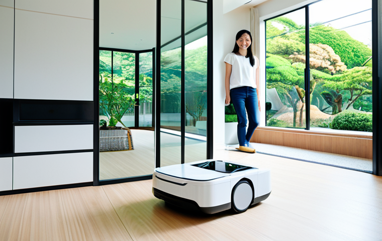 로봇 공학과 가정의 삶의 질 향상 - Smart Home & Cleaning Robot**

"A modern, bright living room in a Japanese home. A fully clothed wom...