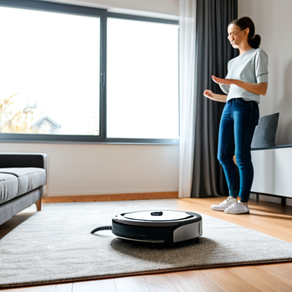 가정에서 로봇의 역할 변화 - **Prompt:** A modern home interior featuring a robot vacuum cleaner efficiently navigating around fu...