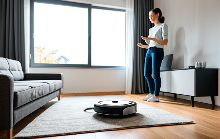 가정에서 로봇의 역할 변화 - **Prompt:** A modern home interior featuring a robot vacuum cleaner efficiently navigating around fu...