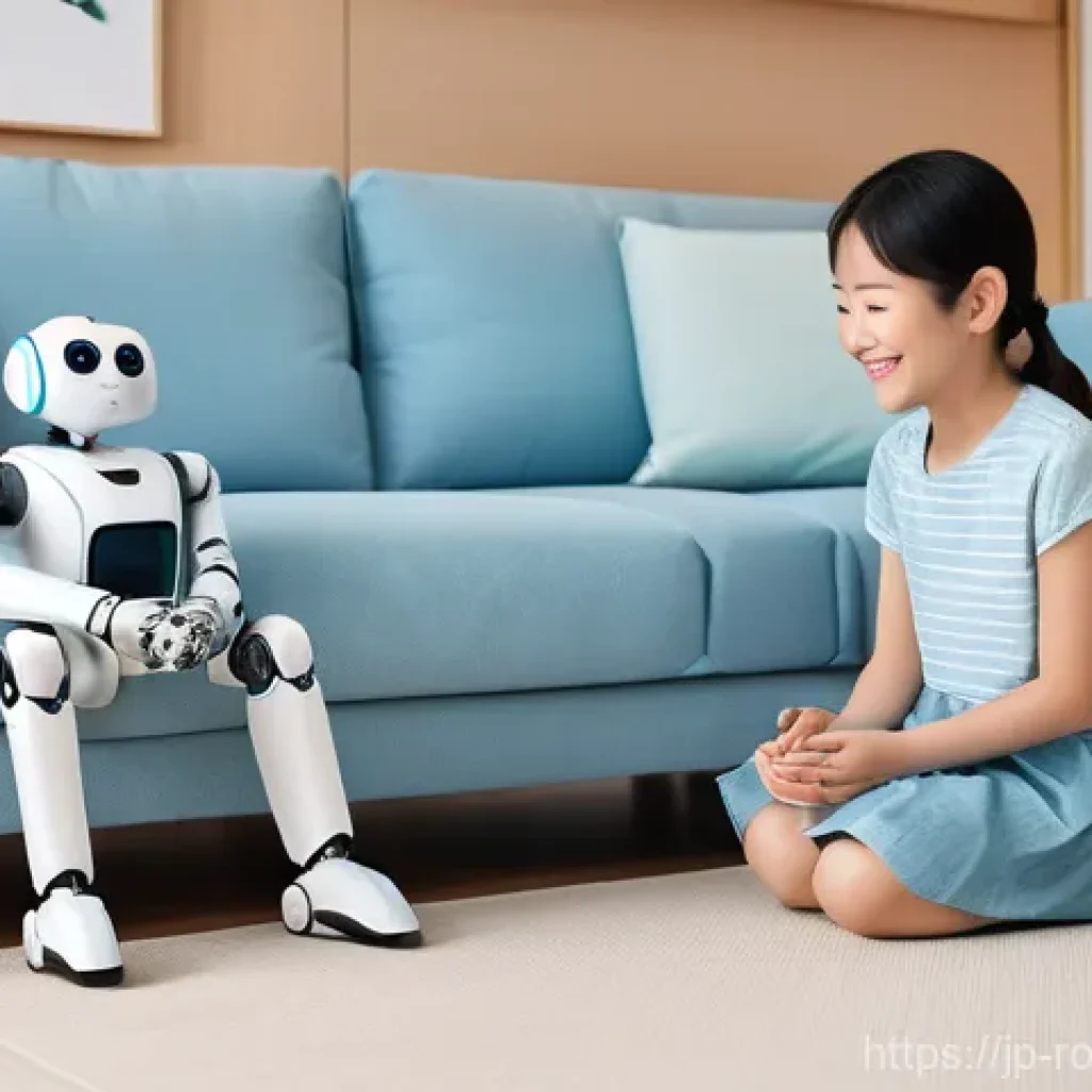 가정용 로봇의 기능적 발전 동향 - A heartwarming scene in a bright, modern Japanese living room. A friendly, medium-sized companion ro...