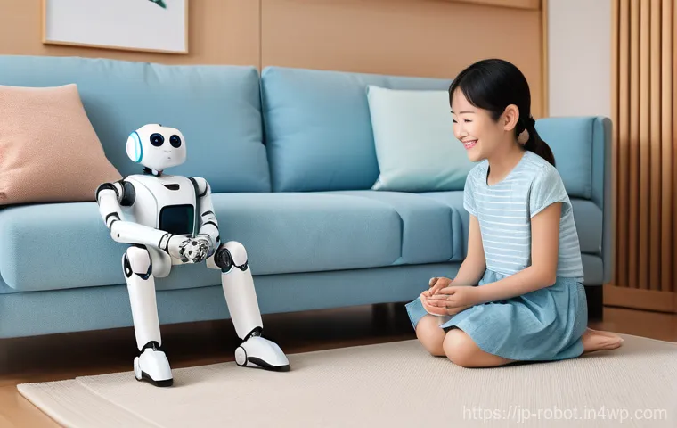가정용 로봇의 기능적 발전 동향 - A heartwarming scene in a bright, modern Japanese living room. A friendly, medium-sized companion ro...