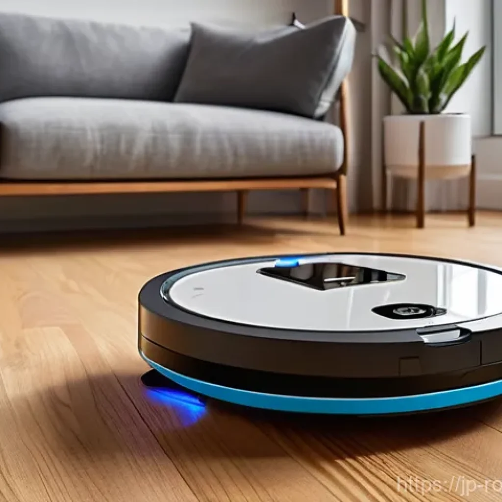 로봇 청소기 시장의 최신 동향 - **Prompt:** A high-angle, eye-level shot of a sophisticated robot vacuum cleaner, with a sleek, mini...