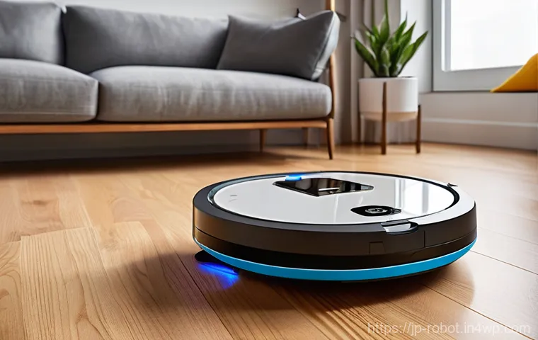 로봇 청소기 시장의 최신 동향 - **Prompt:** A high-angle, eye-level shot of a sophisticated robot vacuum cleaner, with a sleek, mini...