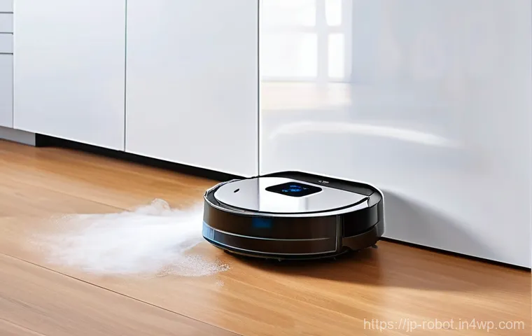 로봇 청소기 시장의 최신 동향 - **Prompt:** A high-angle, eye-level shot of a sophisticated robot vacuum cleaner, with a sleek, mini...