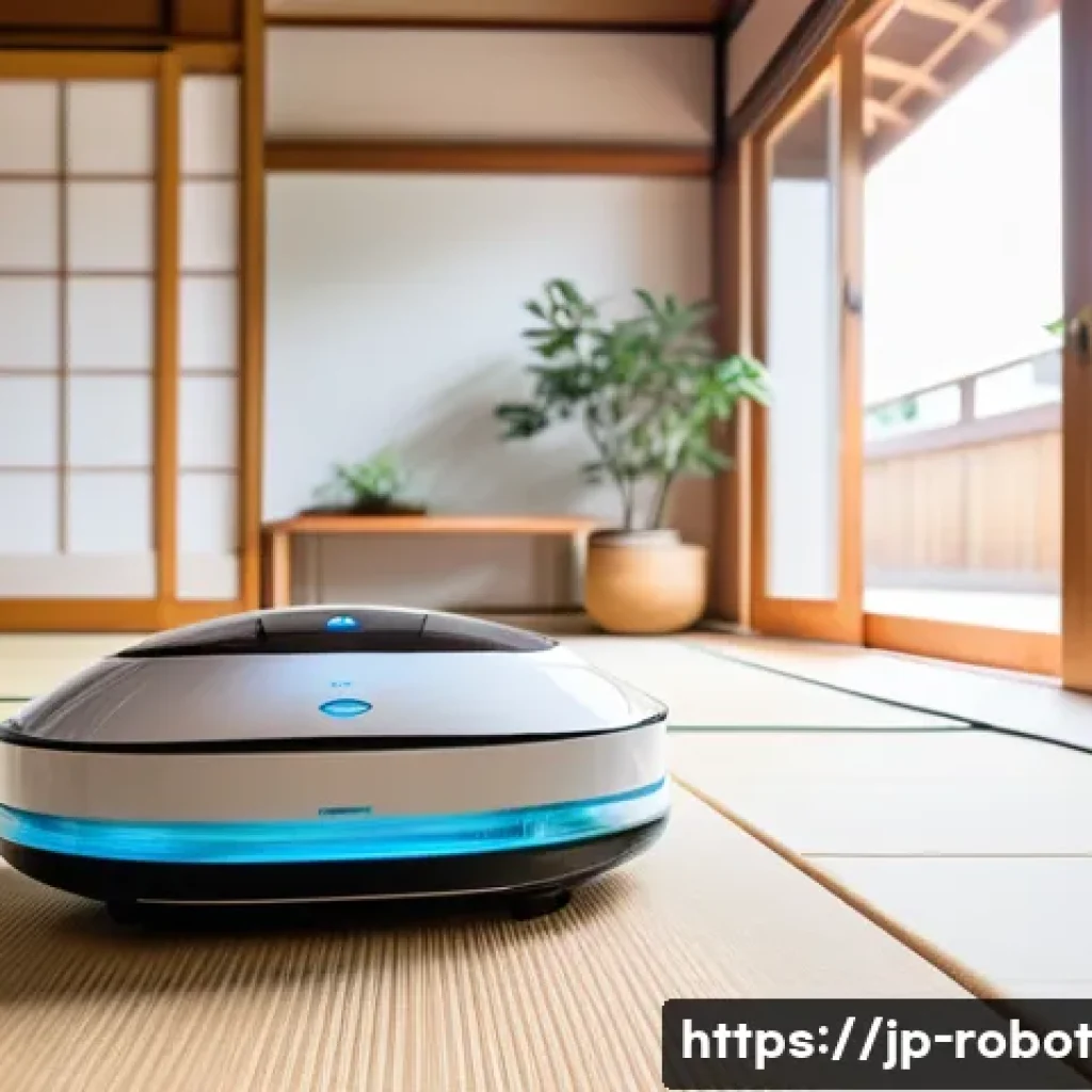 가정용 로봇의 효용성 분석 - A modern Japanese living room with a sleek, compact cleaning robot actively vacuuming the floor bene...