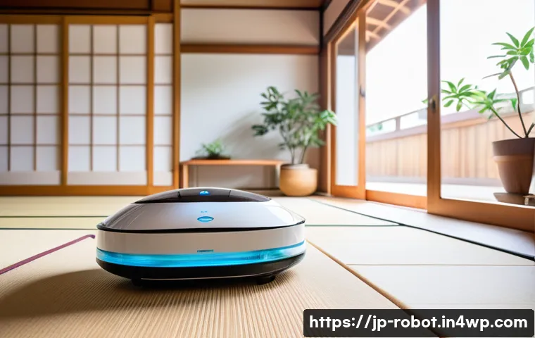 가정용 로봇의 효용성 분석 - A modern Japanese living room with a sleek, compact cleaning robot actively vacuuming the floor bene...