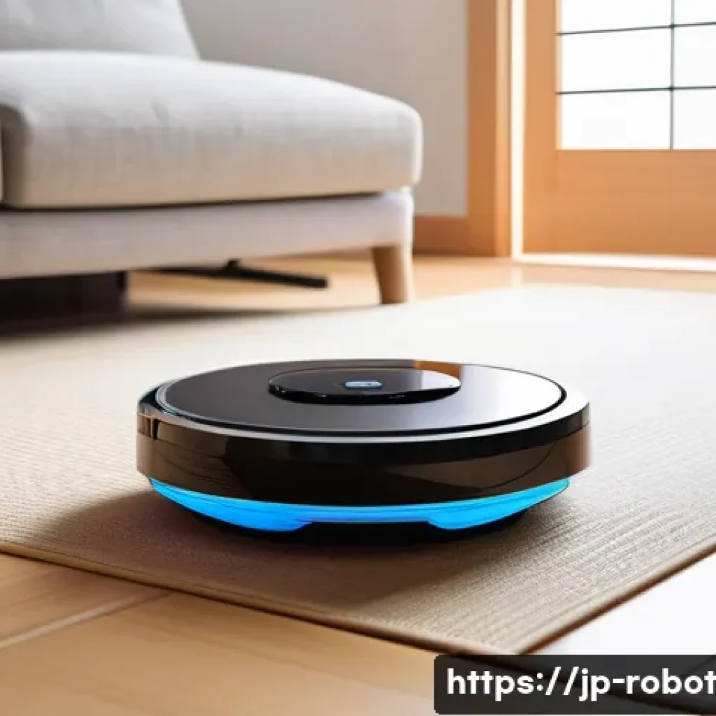 가정용 로봇의 사용 예시 및 효과 - A modern Japanese living room featuring a sleek smart vacuum robot efficiently cleaning around furni...
