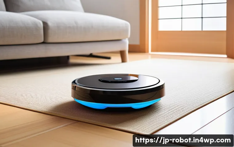 가정용 로봇의 사용 예시 및 효과 - A modern Japanese living room featuring a sleek smart vacuum robot efficiently cleaning around furni...