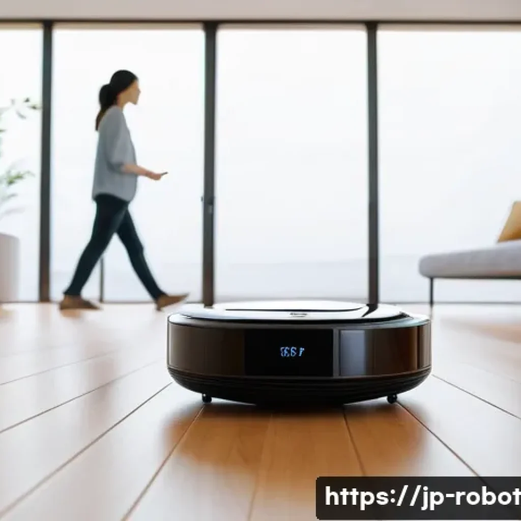 로봇 공학이 가져올 가정의 혁신 - A modern Japanese living room featuring a sleek robot vacuum cleaner autonomously cleaning the floor...