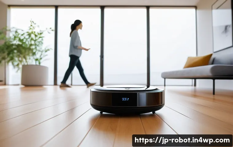로봇 공학이 가져올 가정의 혁신 - A modern Japanese living room featuring a sleek robot vacuum cleaner autonomously cleaning the floor...
