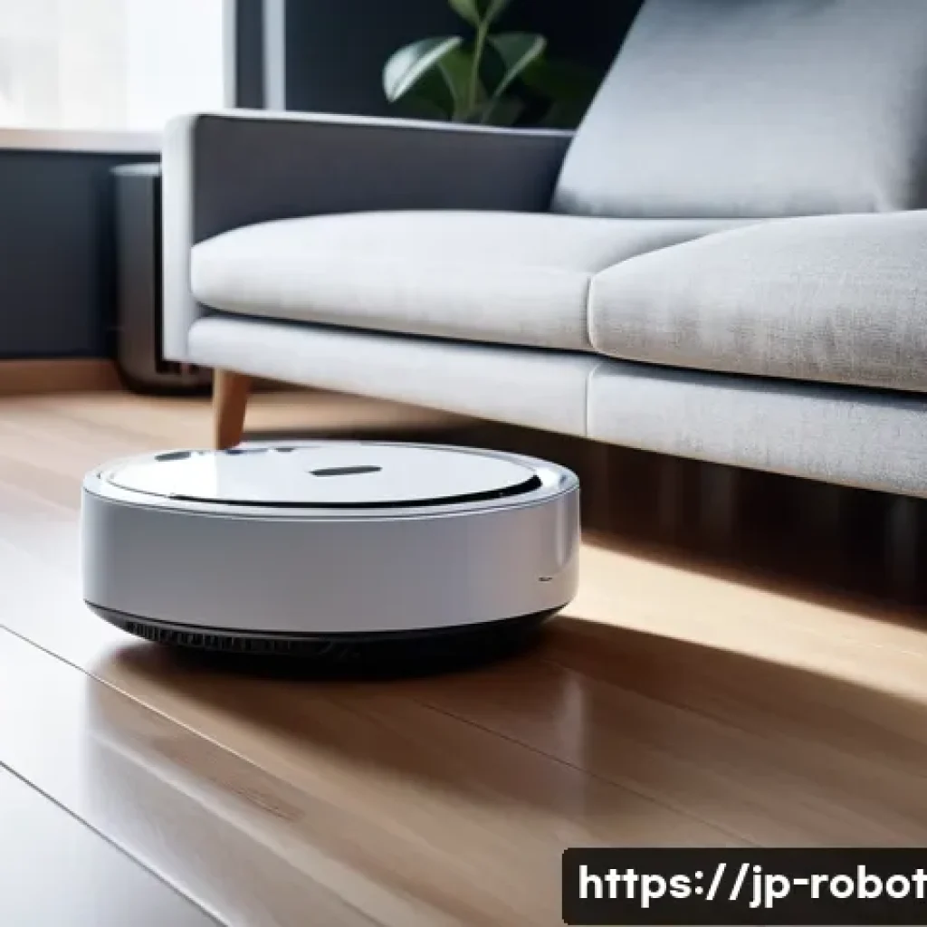 가정에서의 로봇 사용 트렌드 - A sleek, modern home interior featuring an advanced cleaning robot navigating around furniture with ...