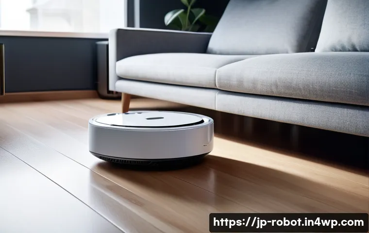 가정에서의 로봇 사용 트렌드 - A sleek, modern home interior featuring an advanced cleaning robot navigating around furniture with ...