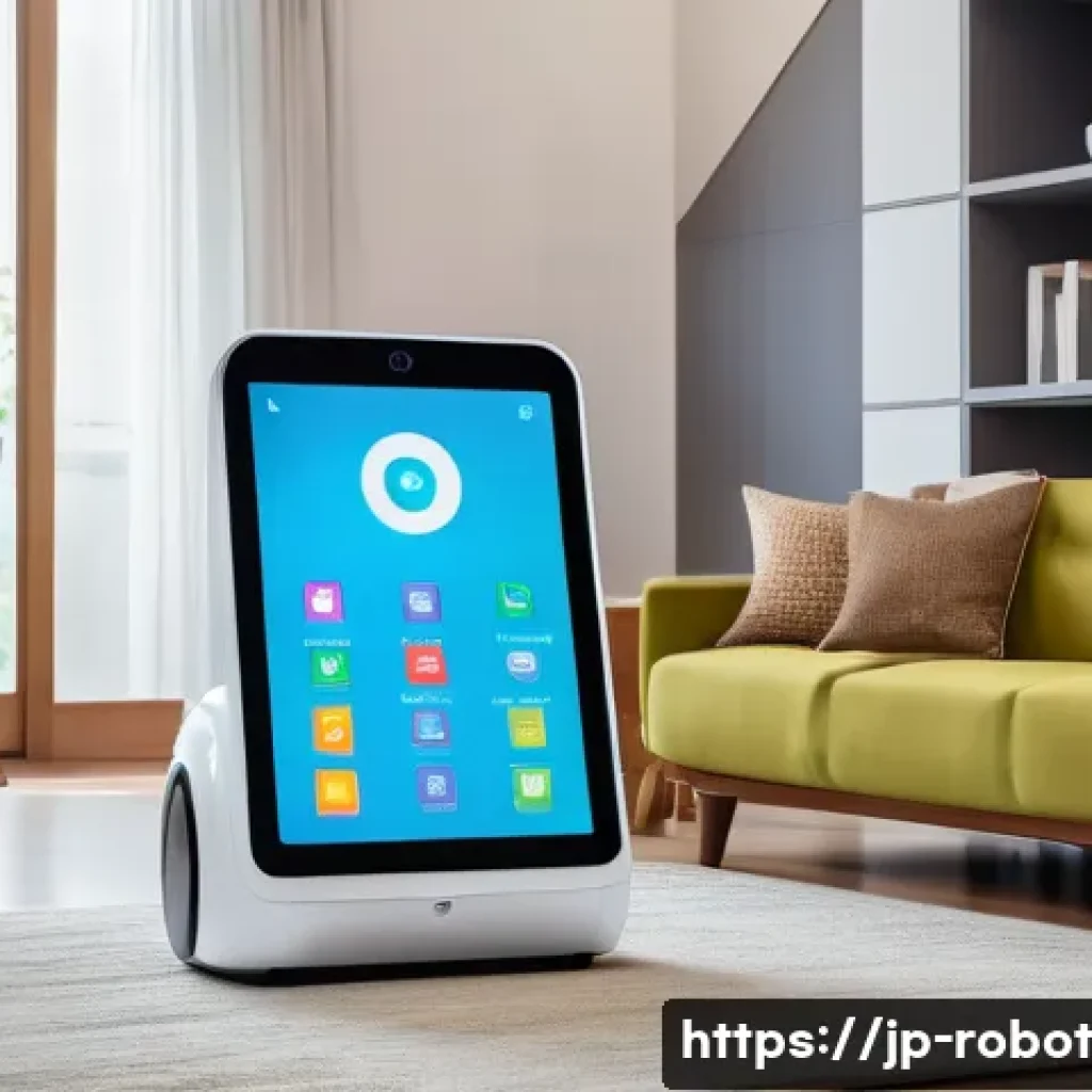 가정용 로봇의 서비스 개선 방안 - A modern home robot with a sleek, user-friendly interface displayed on a large touchscreen panel, sh...