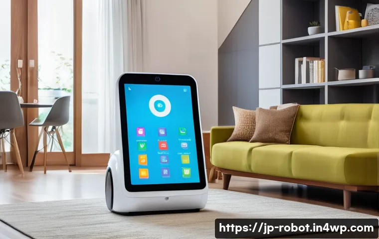 가정용 로봇의 서비스 개선 방안 - A modern home robot with a sleek, user-friendly interface displayed on a large touchscreen panel, sh...