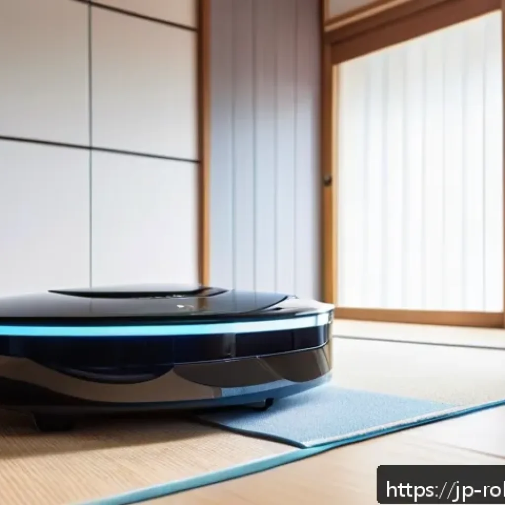 로봇 공학과 가정의 지속 가능성 - A sleek, modern smart cleaning robot navigating a bright Japanese-style living room with tatami mats...