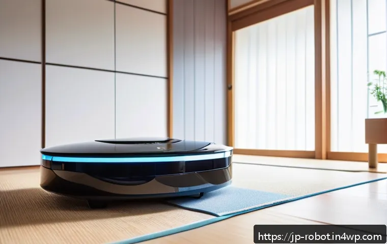 로봇 공학과 가정의 지속 가능성 - A sleek, modern smart cleaning robot navigating a bright Japanese-style living room with tatami mats...
