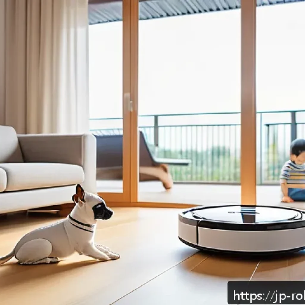 로봇 기술과 가족의 일상 변화 - A modern Japanese family living room featuring a sleek smart robot vacuum cleaner actively cleaning ...