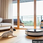 로봇 기술과 가족의 일상 변화 - A modern Japanese family living room featuring a sleek smart robot vacuum cleaner actively cleaning ...