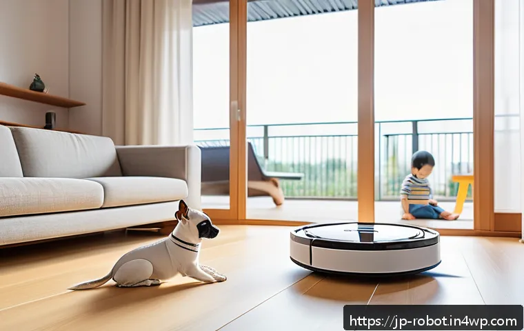 로봇 기술과 가족의 일상 변화 - A modern Japanese family living room featuring a sleek smart robot vacuum cleaner actively cleaning ...