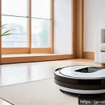 가정용 로봇의 가격 동향 분석 - A sleek, modern household robot vacuum cleaner operating in a bright, stylish Japanese living room w...
