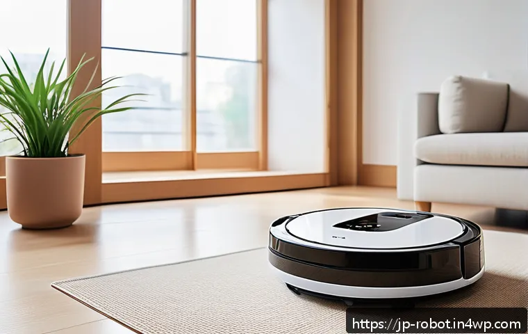 가정용 로봇의 가격 동향 분석 - A sleek, modern household robot vacuum cleaner operating in a bright, stylish Japanese living room w...