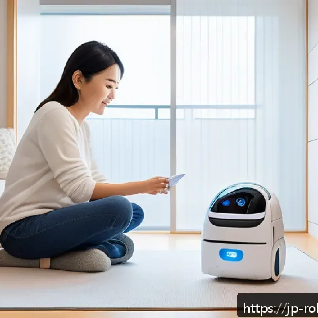 로봇 공학과 가정의 새로운 동거 모델 - A modern Japanese home interior featuring a sleek, compact household robot assisting a young mother ...