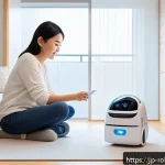 로봇 공학과 가정의 새로운 동거 모델 - A modern Japanese home interior featuring a sleek, compact household robot assisting a young mother ...