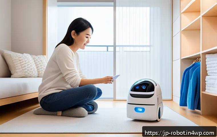 로봇 공학과 가정의 새로운 동거 모델 - A modern Japanese home interior featuring a sleek, compact household robot assisting a young mother ...