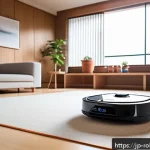 가정용 로봇의 시장 트렌드 분석 - A sleek, modern household robot vacuum cleaner operating in a bright Japanese living room with tatam...