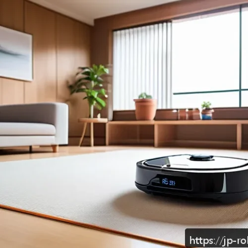 가정용 로봇의 시장 트렌드 분석 - A sleek, modern household robot vacuum cleaner operating in a bright Japanese living room with tatam...