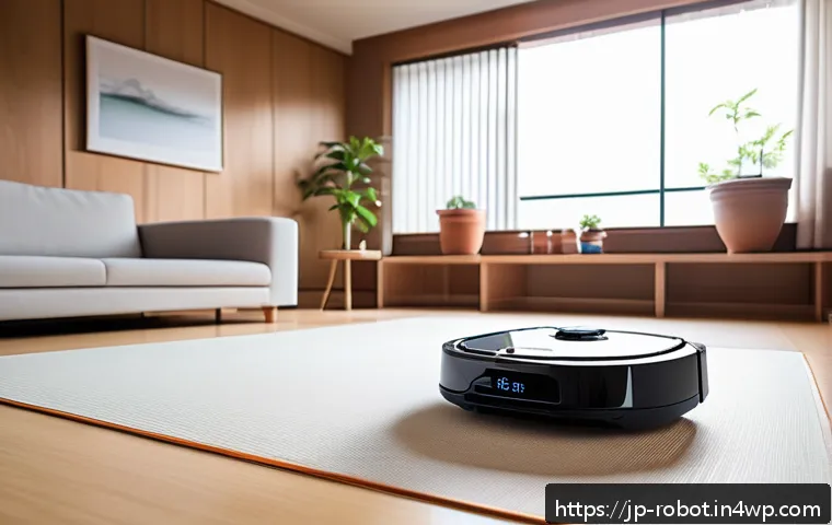 가정용 로봇의 시장 트렌드 분석 - A sleek, modern household robot vacuum cleaner operating in a bright Japanese living room with tatam...