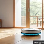 로봇 공학과 가정의 변화 사례 - A sleek, modern living room featuring a high-tech cleaning robot autonomously vacuuming a polished w...