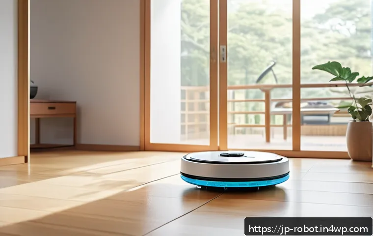 로봇 공학과 가정의 변화 사례 - A sleek, modern living room featuring a high-tech cleaning robot autonomously vacuuming a polished w...