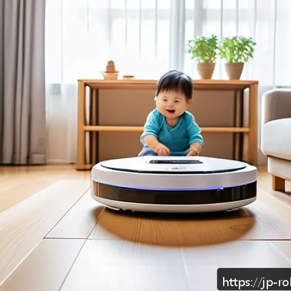 가정용 로봇의 사회적 가치 - A modern Japanese family living room scene showcasing a sleek AI-powered cleaning robot autonomously...