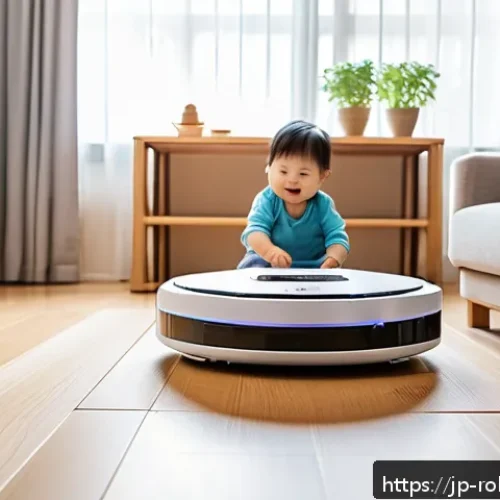 가정용 로봇의 사회적 가치 - A modern Japanese family living room scene showcasing a sleek AI-powered cleaning robot autonomously...