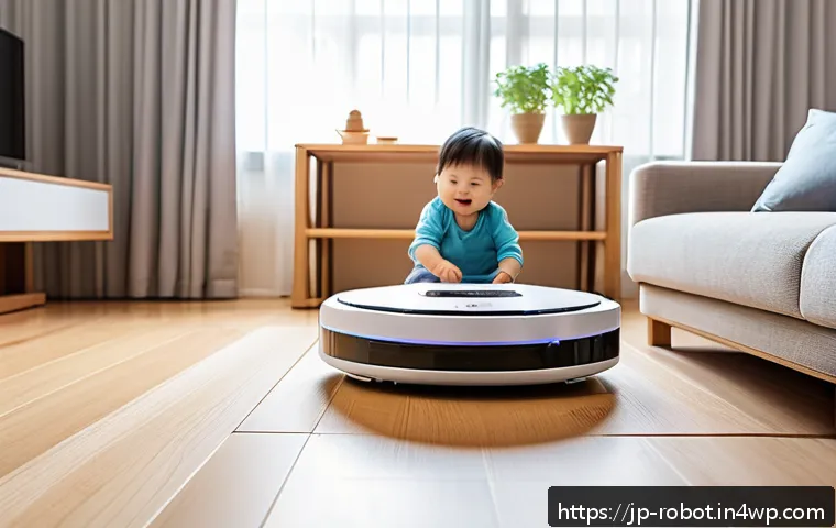 가정용 로봇의 사회적 가치 - A modern Japanese family living room scene showcasing a sleek AI-powered cleaning robot autonomously...