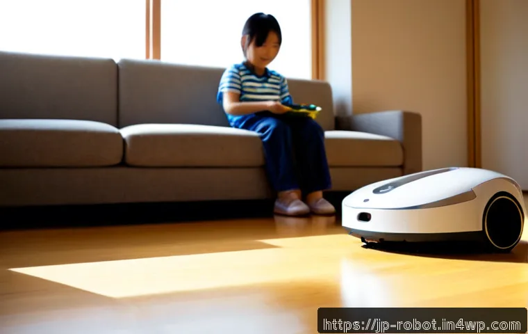 가정에서의 로봇 활용 방법 - Photorealistic modern Japanese apartment living room, a compact white home robot vacuum cleaning a s...