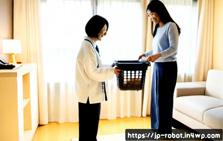 가정에서의 로봇 서비스 활성화 방안 - Photorealistic Japanese family living room, a friendly compact home service robot carrying a small l...